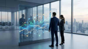 Un homme et une femme en tenue professionnelle analysant un graphique de croissance numérique sur un écran transparent.