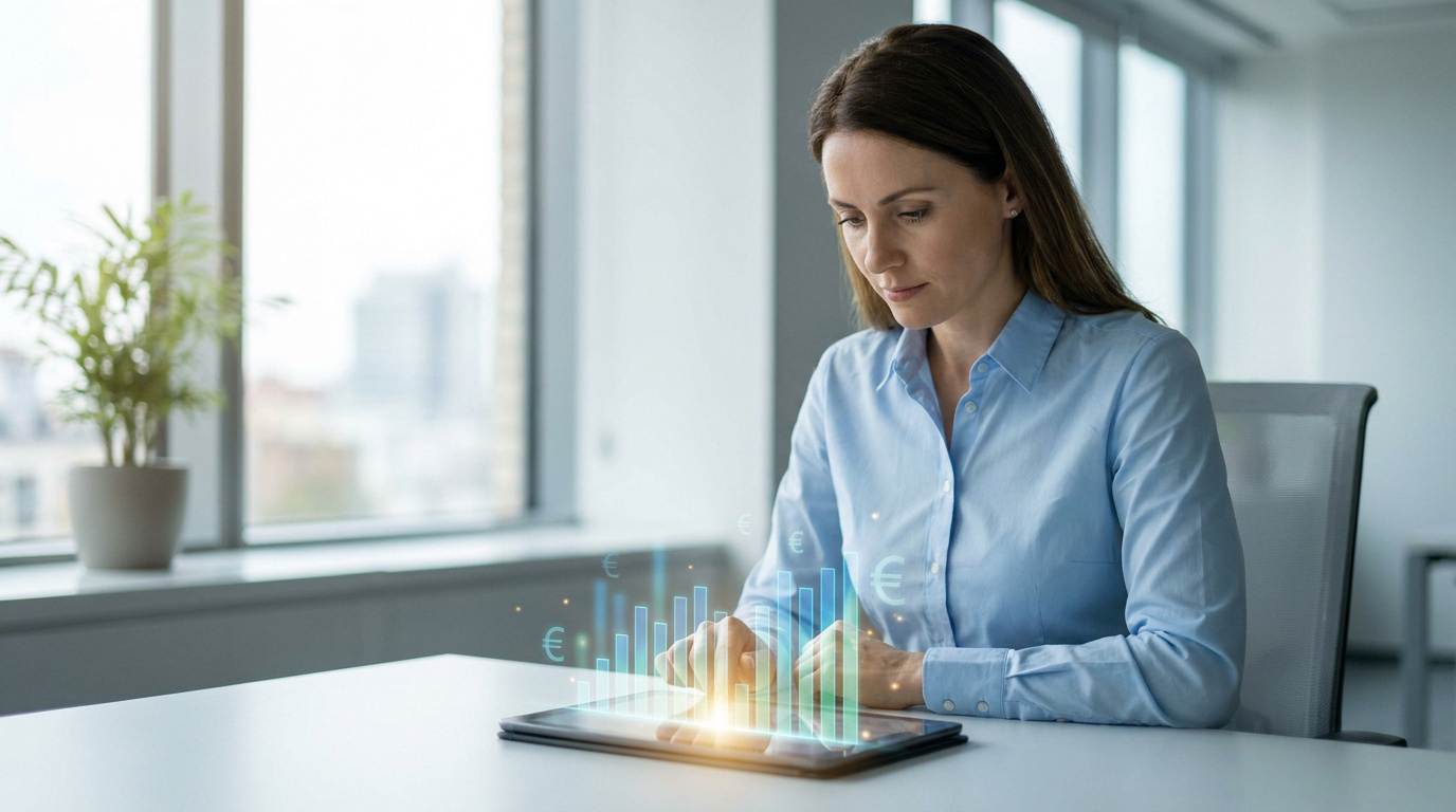 Une femme d'affaires consulte des graphiques financiers en euros sur une tablette dans un bureau moderne.