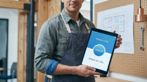 Un artisan en tablier présente une tablette affichant l'interface de connexion de l'application Artisan en 1 Clic.