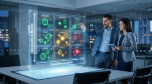 Deux professionnels analysant une matrice McKinsey holographique interactive dans un bureau moderne.