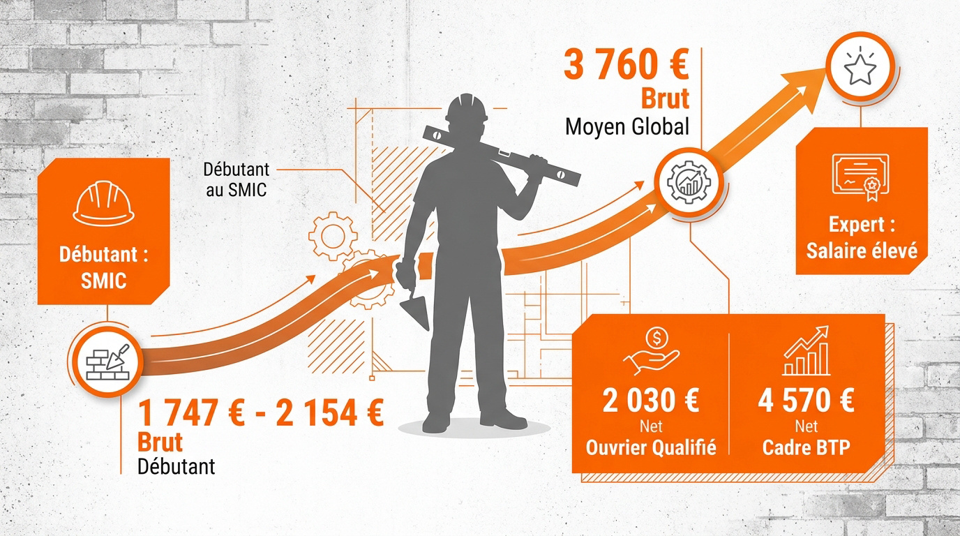 Graphique de l'évolution du salaire maçon selon l'expérience professionnelle