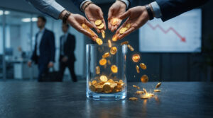 Des mains en costume déposant des pièces d'or dans un verre en verre sur un bureau, avec un graphique en baisse en fond.