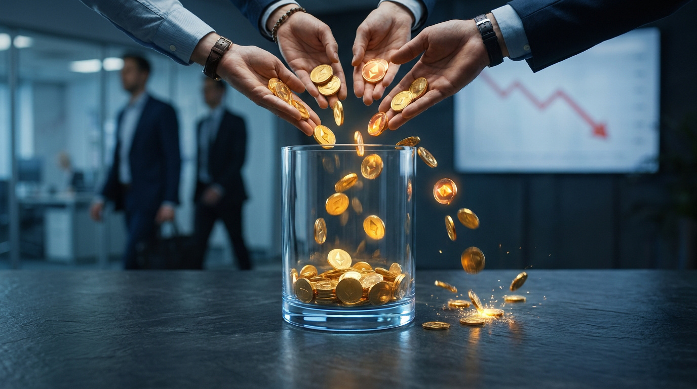 Des mains en costume déposant des pièces d'or dans un verre en verre sur un bureau, avec un graphique en baisse en fond.