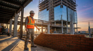 Un maçon en tenue de chantier, casque et gilet réfléchissant, bâtissant un mur en briques sur un grand chantier.