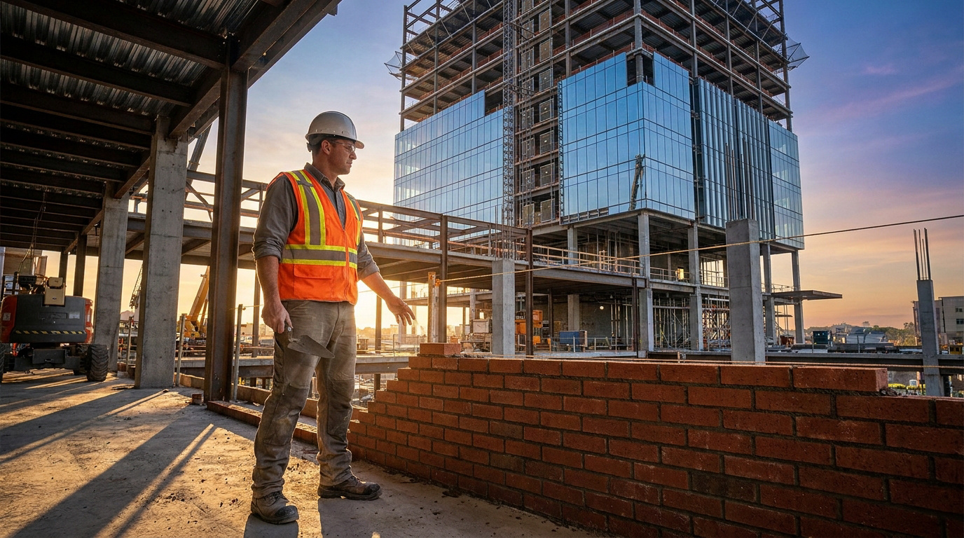 Un maçon en tenue de chantier, casque et gilet réfléchissant, bâtissant un mur en briques sur un grand chantier.